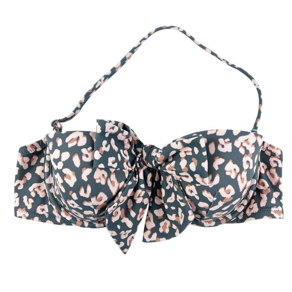 Shade & Shore Grey Pink Leopard Underwire Bikini Top Tie Front Size 34B